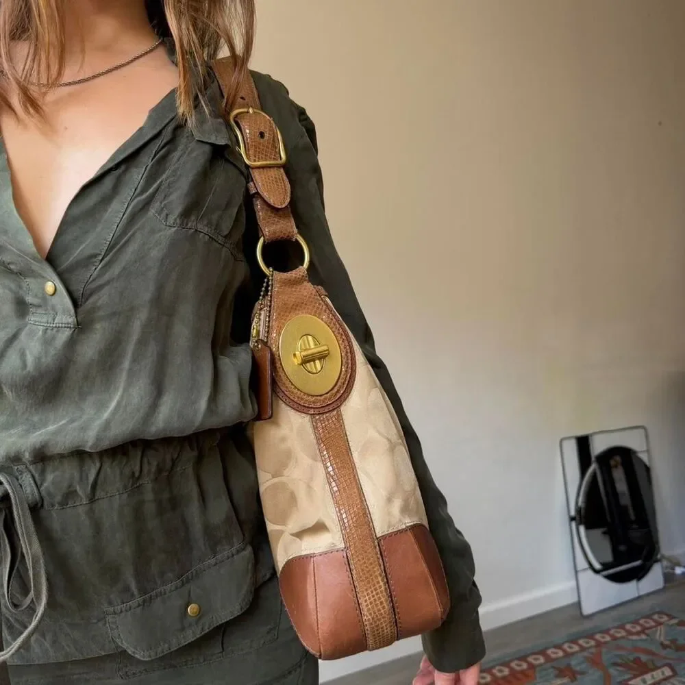 Coach Peyton Signature Sateen Snake Hobo Bag in tan colorway - Picture 2 of 8